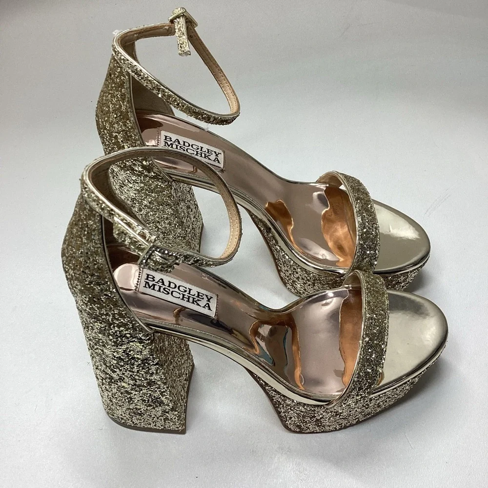 Badgley Mischka Party Platform Block Heel in‎ Gold Silver Glitter - Picture 3 of 16